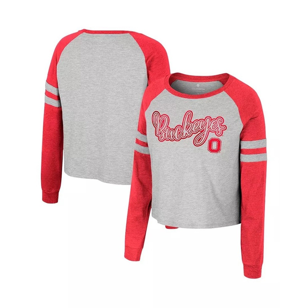 Women's Gray‎ Ohio State Buckeyes I'm Gliding Here Raglan Cropped T-shirt SZ M